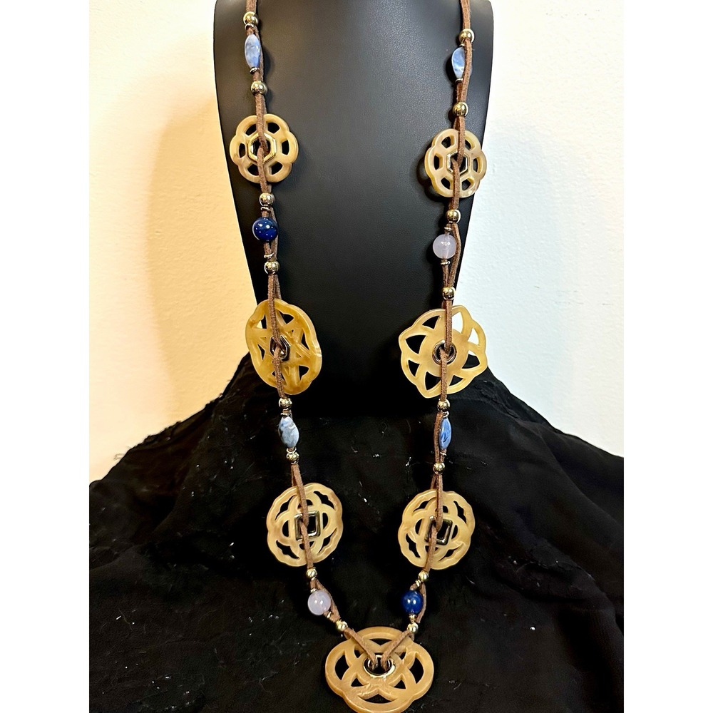Chico's Boho Statement Necklace Leather Cord w/Quartz Beads and Round Pendants